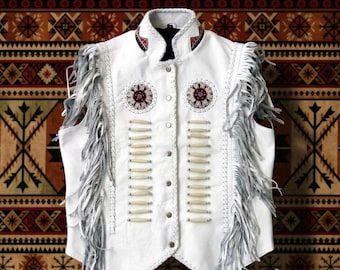 Wit leren vest met franje voor heren - traditioneel vintage cowboyvest - handgemaakt leren gilet met kralen
