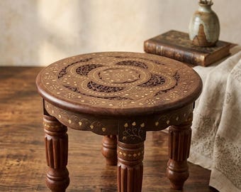 Handmade Carved Wooden Stool | Indian Footstool, Accent Table, Boho Decor