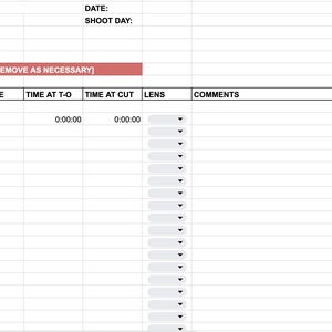 May include: A detailed spreadsheet with multiple columns and rows, used for film production. The top section includes fields for production title, director, producer, and editor. The spreadsheet has columns for card, scene, pages, slate, take, time, lens, comments, and shot description.