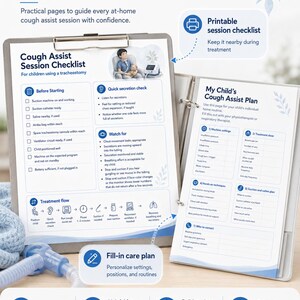 May include: A medical guide with the title "Printable Tools Included" and the subtitle "Practical pages to guide every at-home cough assist session with confidence." The guide includes checklists and a care plan for children using a tracheostomy.