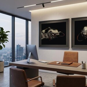 May include: An office interior with a large window overlooking a cityscape. The room features a desk with a computer, leather chairs, and two framed insect art pieces. A potted plant adds a touch of nature to the modern space.