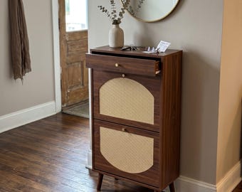 Rattan Shoe Cabinet With Drawer And 2 Flip Drawers Slim Entryway Organizer