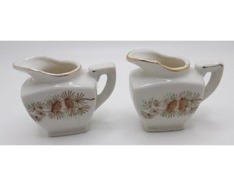 2 ~ Vintage Made in Japan Individual Porcelain Creamer Pitchers W/ Pinecones