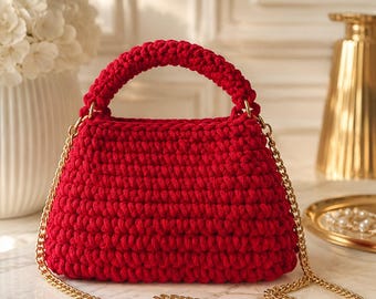 Borsa Dany Handmade in cordino australiano Rosso  con manico intrecciato rivestita con fodera rossa | Borsa Uncinetto Artigianale Donna