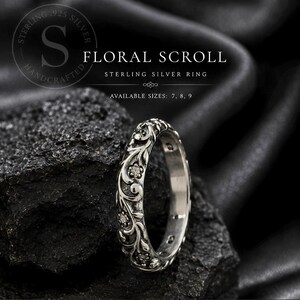Anillo vintage de plata de ley con grabado floral: elegante anillo de plata que destaca por su diseño romántico de filigrana, una joya atemporal para regalar.