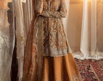 Bridal Sharara, Heavily Embroidered Rust Bronze Dress for Weddings