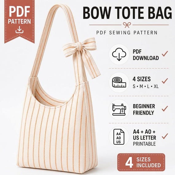 Breeze Bow Tote Bag PDF Sewing Pattern, Beginner Shoulder Bag, 4 Sizes (PDF Download)