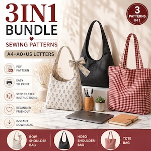 3 in 1 Bag Sewing Pattern Bundle PDF, Tote Bag Pattern, Hobo Bag Pattern, Bow Tote Pattern, Beginner Sewing Pattern, Digital Download DIY Ba