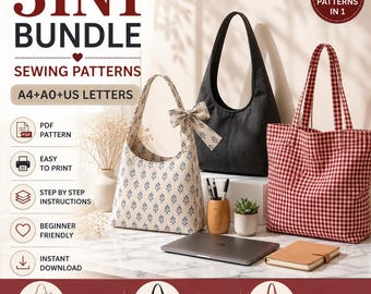 3 in 1 Bag Sewing Pattern Bundle PDF, Tote Bag Pattern, Hobo Bag Pattern, Bow Tote Pattern, Beginner Sewing Pattern, Digital Download DIY Ba