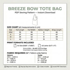 May include: A PDF sewing pattern for a Breeze Bow Tote Bag. The image includes a line drawing of the bag, a size chart with measurements in cm, print formats for A4 and US Letter, and a fabric requirement list in meters and yards for four sizes.