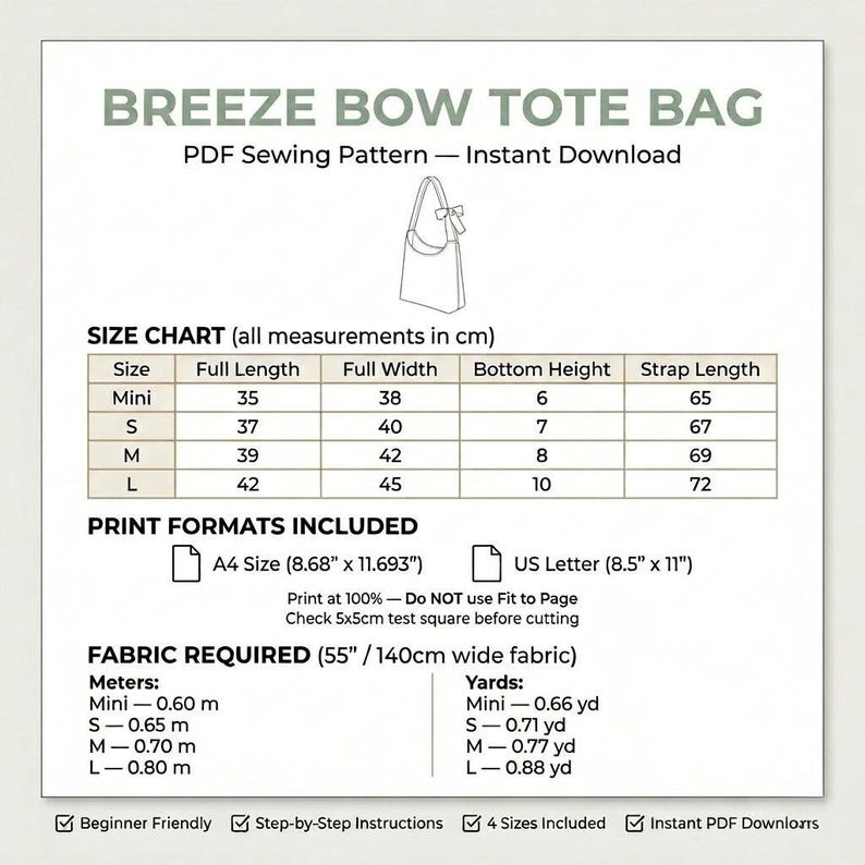 May include: A PDF sewing pattern for a Breeze Bow Tote Bag. The image includes a line drawing of the bag, a size chart with measurements in cm, print formats for A4 and US Letter, and a fabric requirement list in meters and yards for four sizes.