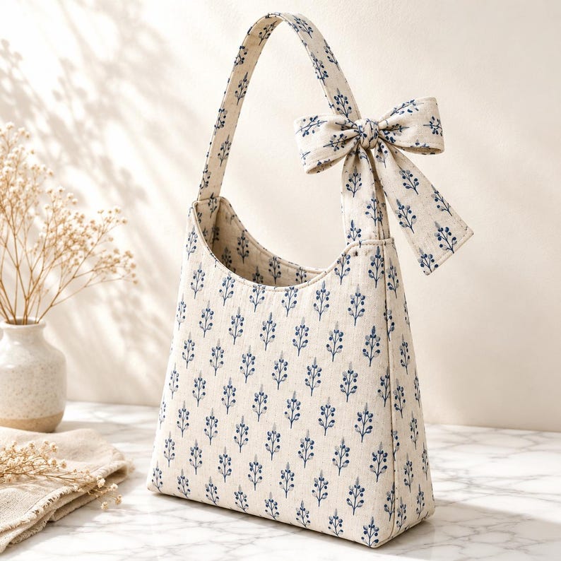 May include: A cream-colored handbag featuring a repeating blue botanical print of small sprigs. The bag has a single shoulder strap and is accented with a matching fabric bow tied to the top of the strap, creating a cohesive and structured appearance.