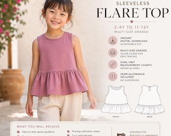 Girls Peplum Top Sewing Pattern, Sizes 2-13Y, Beginner Friendly Flare Top (PDF Download)