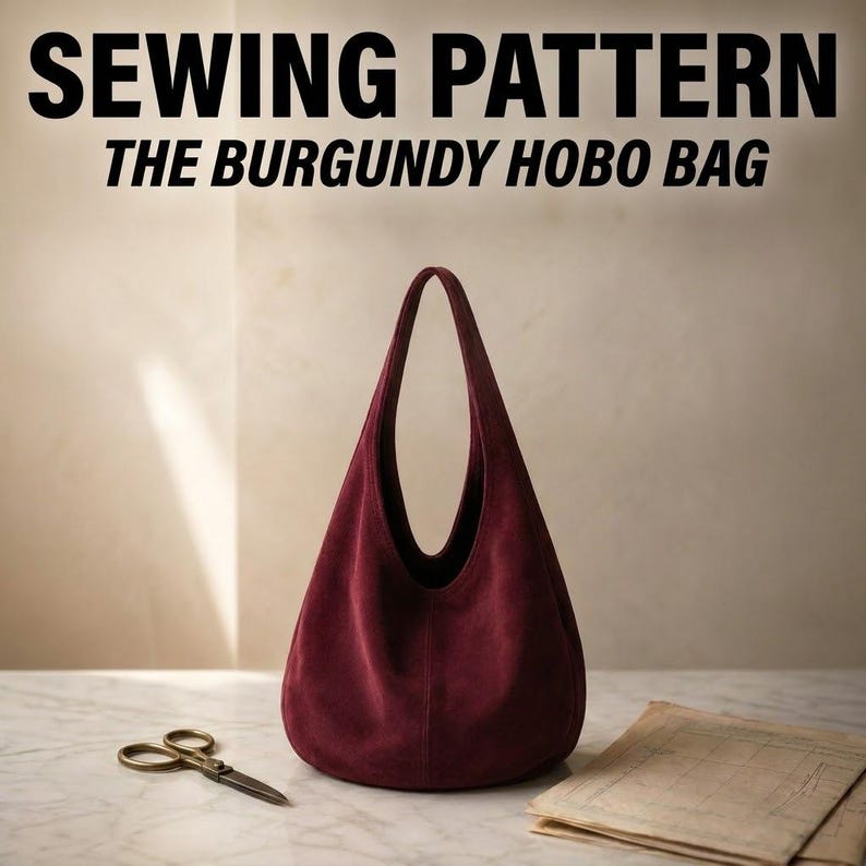 May include: A sewing pattern for a burgundy hobo bag, featuring the text SEWING PATTERN THE BURGUNDY HOBO BAG. The image displays a deep red hobo bag, a pair of metal scissors, and a stack of folded paper pattern sheets on a marble surface.