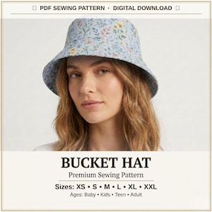 May include: A light blue bucket hat with a delicate floral pattern featuring small yellow and green flowers. The text reads: PDF SEWING PATTERN · DIGITAL DOWNLOAD, BUCKET HAT, Premium Sewing Pattern, Sizes: XS · S · M · L · XL · XXL, Ages: Baby · Kids · Teen · Adult.