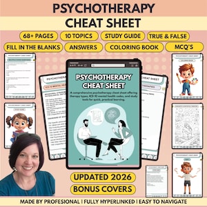 Psychotherapy Cheat Sheet: 68+ Pages, 10 Topics, ICD-10 Codes, Coloring Book (Digital Download)