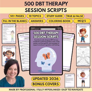以下が含まれることがあります： 500 DBT Therapy Session Scriptsというタイトルのデジタルワークブック。141ページ以上、10のトピック、学習ガイド、正誤問題、穴埋め問題、解答、塗り絵、多肢選択問題が含まれています。表紙には蝶が描かれた頭部のシルエットがデザインされています。