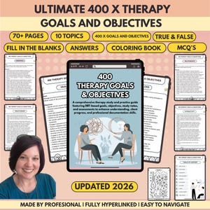 Könnte beinhalten: Ein digitaler Therapie-Studienleitfaden mit dem Titel 400 Therapy Goals & Objectives, der über 70 Seiten, 10 Themen, Richtig-oder-Falsch-Fragen, Lückentexte und ein Malbuch enthält. Das Cover zeigt zwei Personen, die auf Stühlen sitzen.