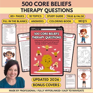 May include: A digital product titled 500 Core Beliefs Therapy Questions featuring a central tablet display with a red cover showing a person with winged lightbulbs. Includes 80+ pages, 10 topics, study guide, true & false, fill in the blanks, answers, coloring book, and MCQs.