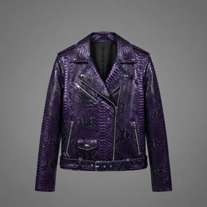Women's Purple Python Leather Moto Jacket Luxury Snakeskin Biker Asymmetrical Zip Motorcycle Coat