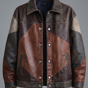 Chaqueta de cuero con retazos extragrandes, estilo urbano, de cuero genuino, abrigo de motociclista vintage.