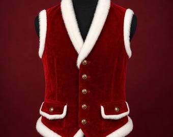 Rote Samtweste für Herren, Weihnachtsmann-Weste mit Kunstpelzbesatz