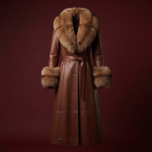 Casaco longo de inverno feminino em couro de pele de carneiro genuíno com gola e punhos de pele sintética.