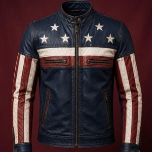 Könnte beinhalten: Eine marineblaue Lederjacke mit Stehkragen, zentralem Reißverschluss und weißen Sternapplikationen auf der Brust. Das Design umfasst horizontale weiße und rote Streifen über der Brust sowie vertikale Streifen an den Ärmeln.