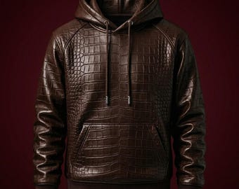 Sweat à capuche en cuir marron embossé crocodile pour hommes - Veste motard streetwear de luxe à capuche en cuir