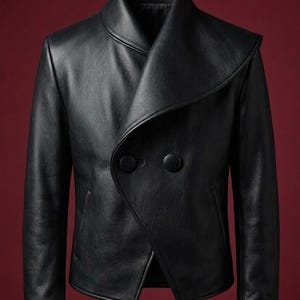 以下が含まれることがあります： 幅広のショールカラー、2つの大きな円形ボタンが付いたダブルブレストのフロントクロージャー、長袖、2つのサイドポケットを備えた黒いレザージャケット。ジャケットは滑らかな質感で、構造的で仕立ての良いフィット感が特徴です。