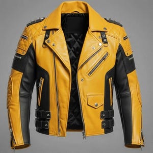 Pode incluir: Jaqueta de motociclista de couro amarelo e preto com forro acolchoado. A jaqueta apresenta gola entalhada, vários bolsos com zíper e ferragens prateadas. As mangas têm painéis pretos e os ombros pontas prateadas.