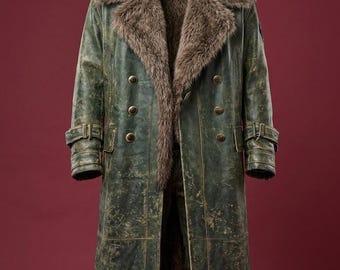 Men’s Dark Army Green Leather Fur Overcoat Vintage Military Cowhide Winter Greatcoat Jacket