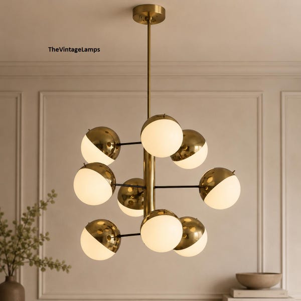 Mid Century 9-Light Sputnik Chandelier, Polished Brass Frosted Glass Pendant Lamp,White Orb Ceiling Light, Multi Arm Dining Room Fixture