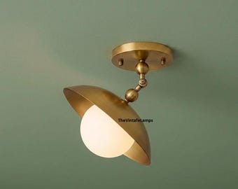 Mid Century Brass Ceiling Light – Adjustable Globe Semi Flush Mount Spotlight