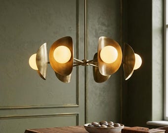 Lampadario in ottone stile Mid-Century Modern, a sospensione con 7 luci a forma di sfera, plafoniera a scudo, lampada da sala da pranzo minimalista.