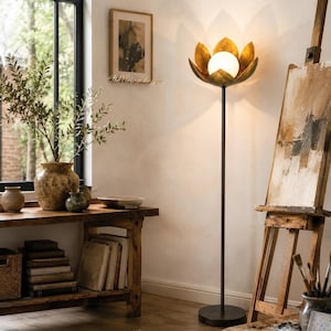 Lámpara de pie Lotus Alabaster, lámpara de pie de 152 cm de altura, pantalla de latón con forma de flor, lámpara ambiental botánica, decoración para sala de estar, globo de alabastro.