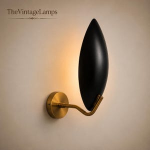 Mid Century Brass and Black Leaf Wall Sconce, Minimalist Accent Light
