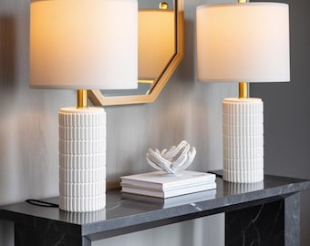 Set of 2 White Ceramic Table Lamps – Modern Farmhouse Bedside Nightstand Lights