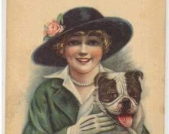 Vintage English Bulldog with Lady "Love Me, Love My Dog"  Decoupaged on Wood