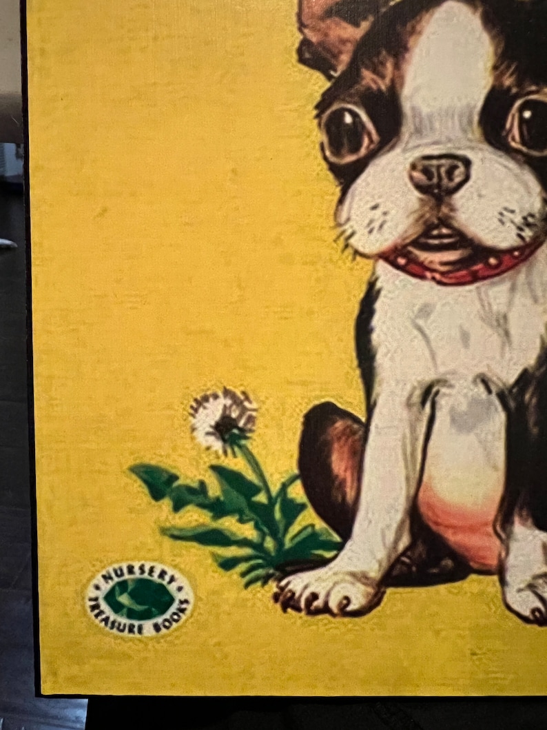 Vintage Playful Little Dog Boston Terrier Print Yellow Decoupaged On Wood image 3