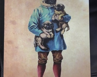 Antique Pug Holding Two Pugs Print Decoupaged on Wood