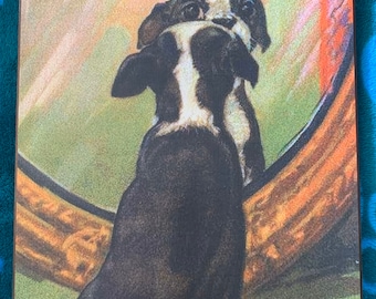 Vintage Boston Terrier Looking In Mirror Print Decoupaged on Wood