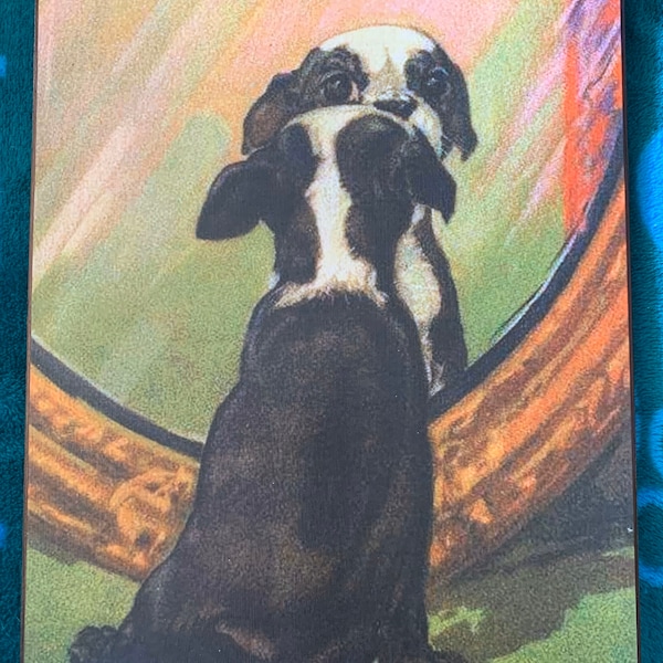 Vintage Boston Terrier Looking In Mirror Print Decoupaged on Wood