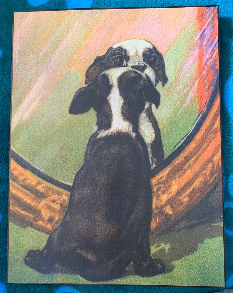 Vintage Boston Terrier Looking In Mirror Print Decoupaged on Wood image 1