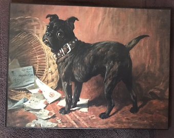 Vintage Black Pug Decoupaged on Wood
