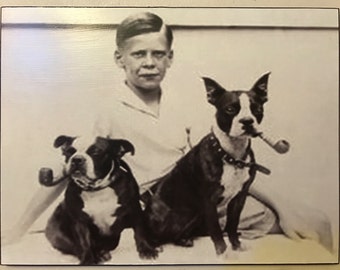 Vintage Boy woth Two Boston Terriers With Pipe Art Decoupaged on Wood