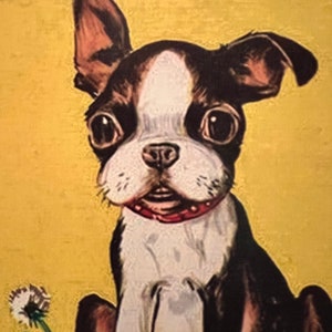 Vintage Playful Little Dog Boston Terrier Print Yellow Decoupaged On Wood image 5