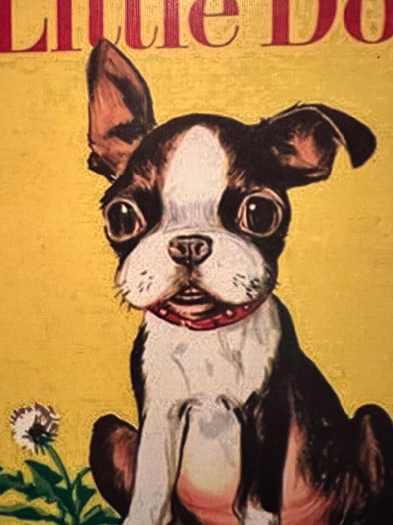 Vintage Playful Little Dog Boston Terrier Print Yellow Decoupaged On Wood image 5