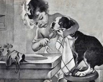 Vintage Girl Brushing Boston Terrier's Teeth Print Decoupaged on Wood Black and White