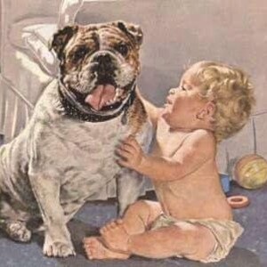English Bulldog With Baby Photo Decoupaged on Wood